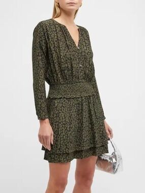 Rails Jasmine Long-Sleeve Mini Dress Cheetah Print Forest Green Size S